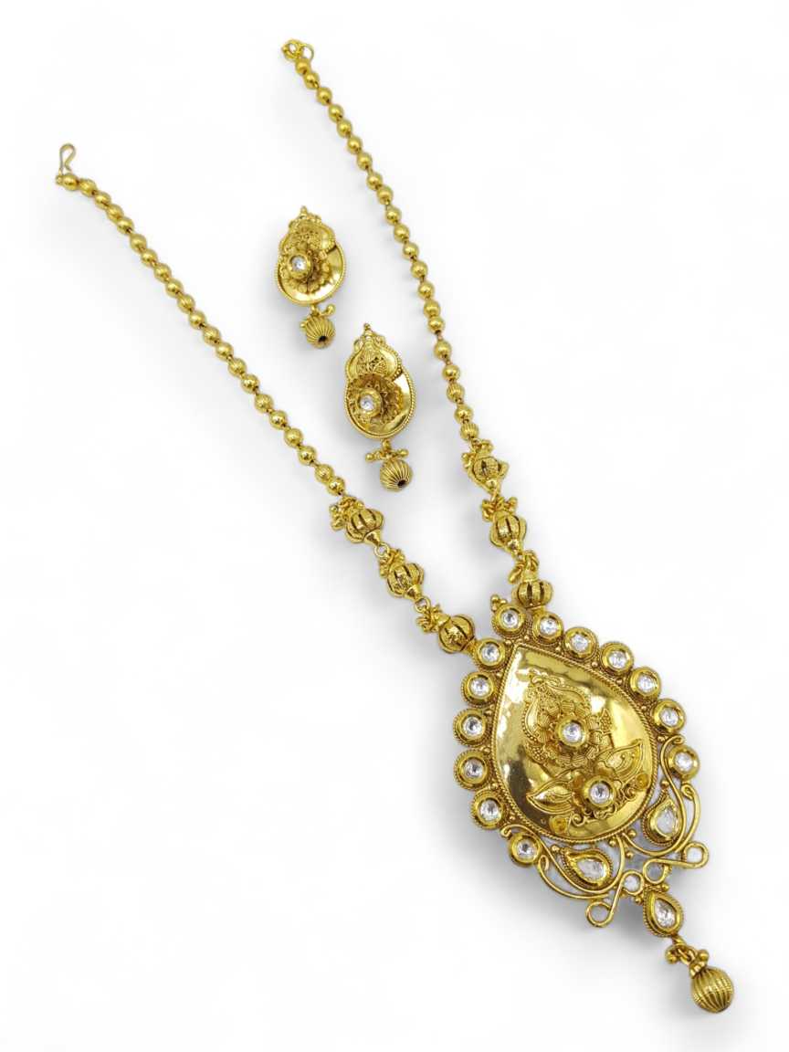 LONG NECKLACE SET WITH PENDANT IN CHECKERED POLKI STYLE | DESIGN - 15429
