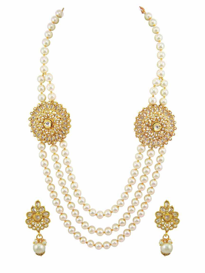 LONG NECKLACE SET WITH PENDANT in CHECKERED POLKI Style | Design - 15483