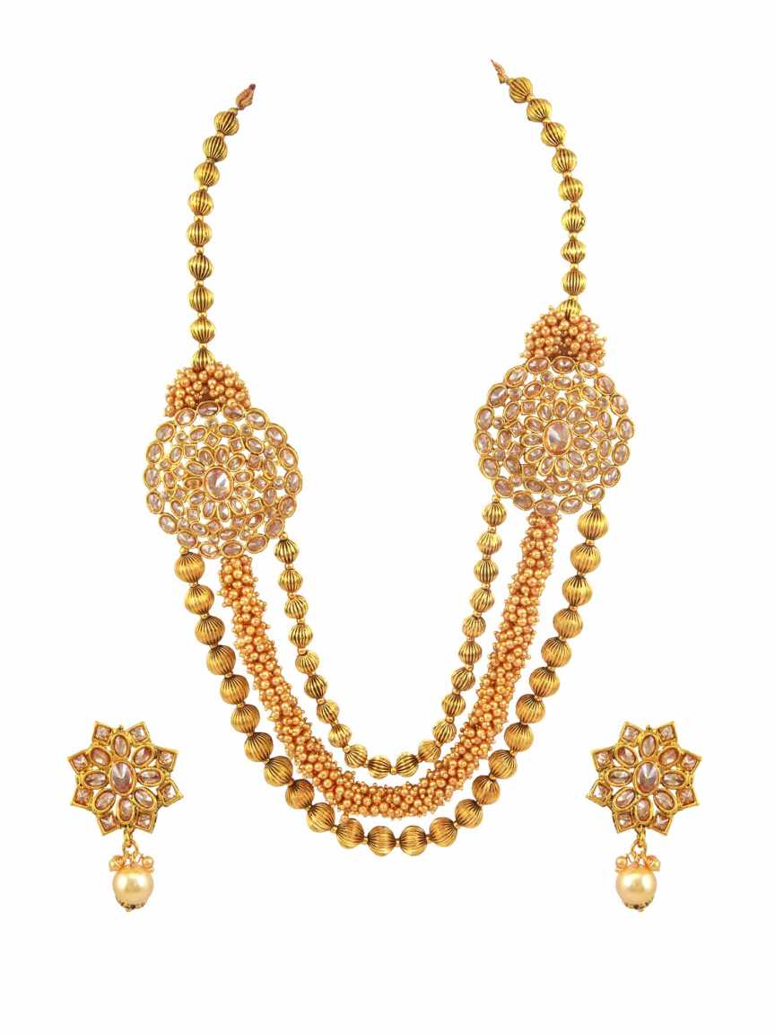 LONG NECKLACE SET WITH PENDANT in CHECKERED POLKI Style | Design - 15484