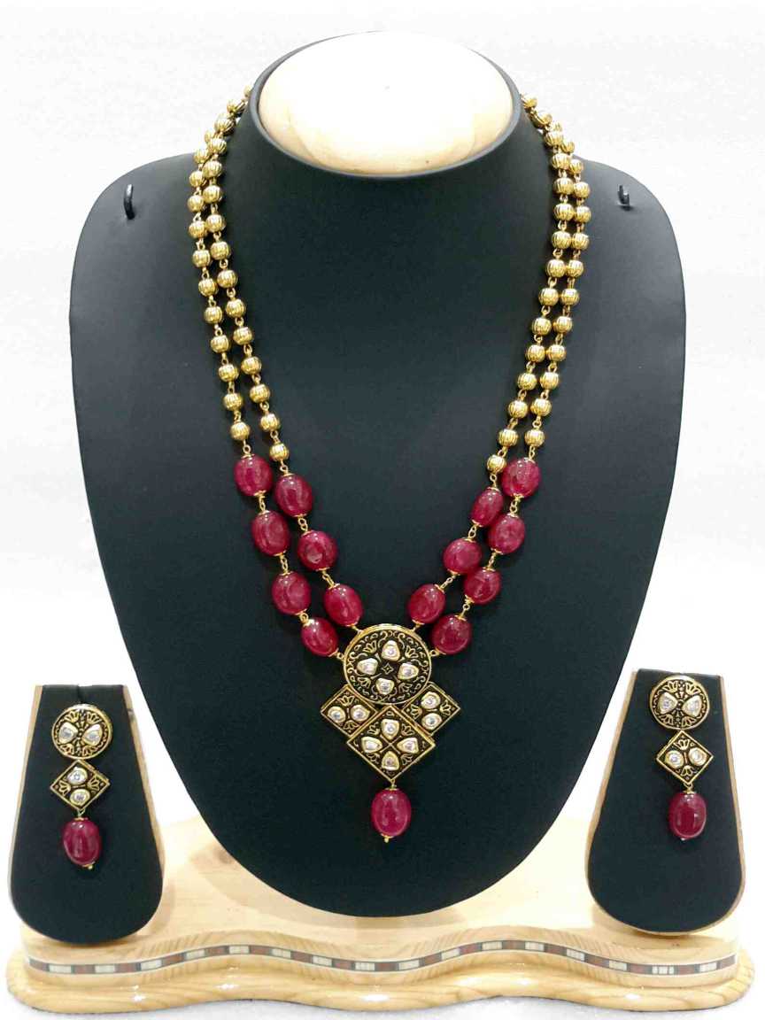 LONG NECKLACE SET WITH PENDANT in CHECKERED POLKI Style | Design - 16099