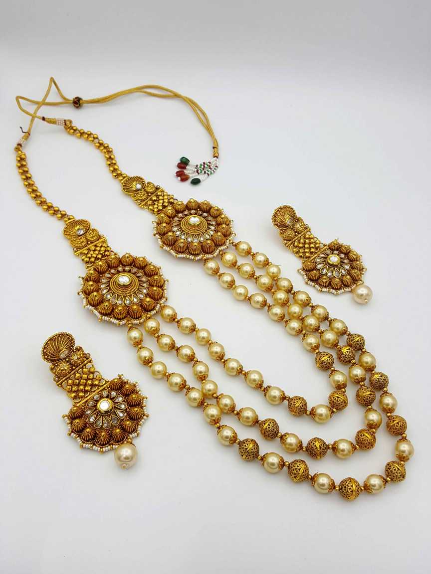 LONG NECKLACE SET WITH PENDANT in CHECKERED POLKI Style | Design - 17581