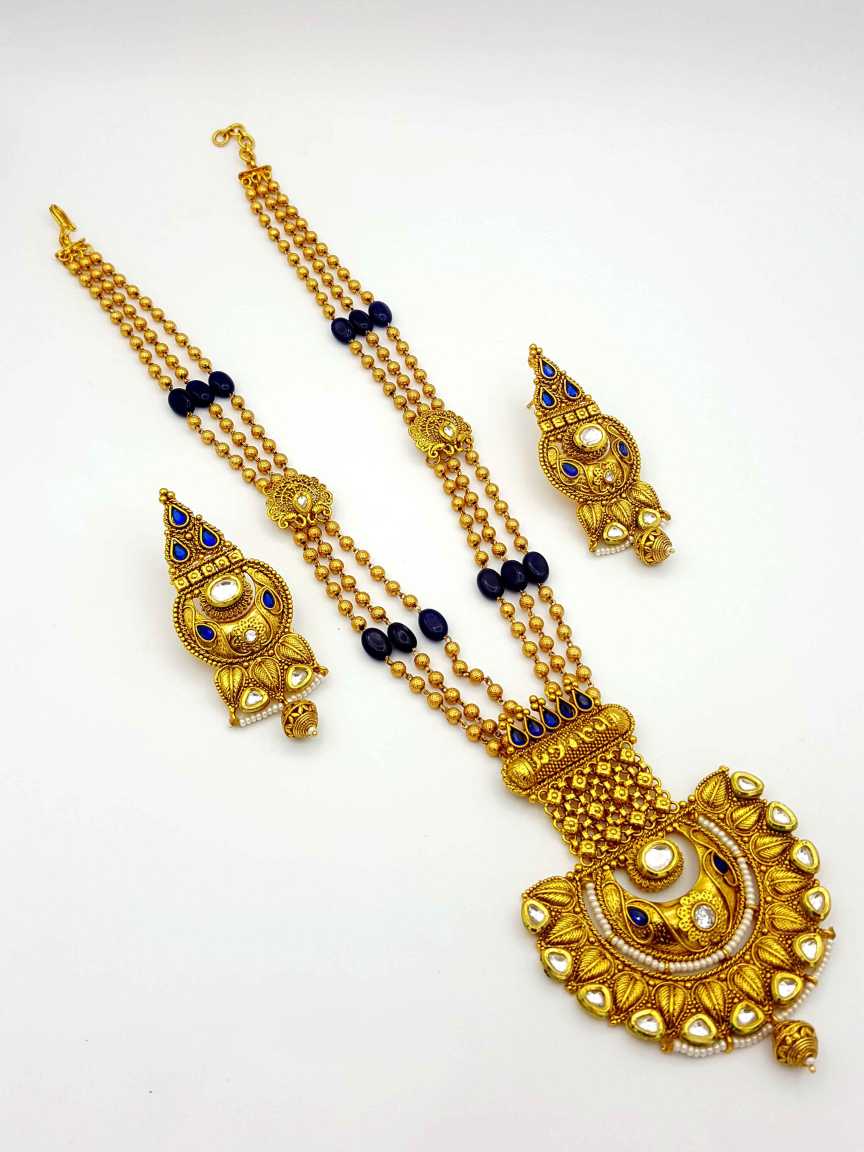 LONG NECKLACE SET WITH PENDANT in CHECKERED POLKI Style | Design - 17653