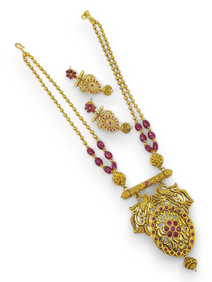 LONG NECKLACE SET WITH PENDANT IN CHECKERED POLKI STYLE | DESIGN - 17746
