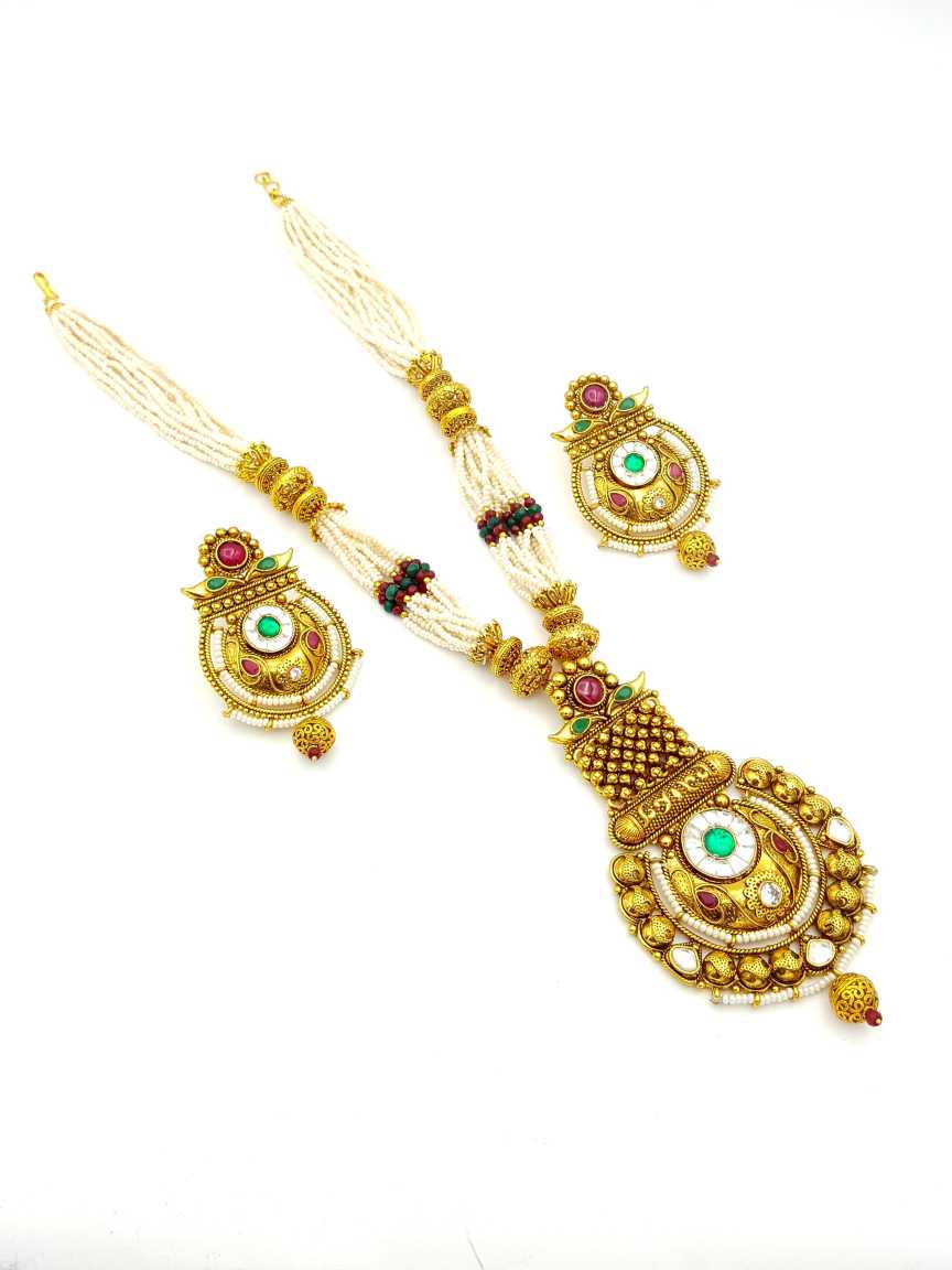 LONG NECKLACE SET WITH PENDANT in CHECKERED POLKI Style | Design - 17747