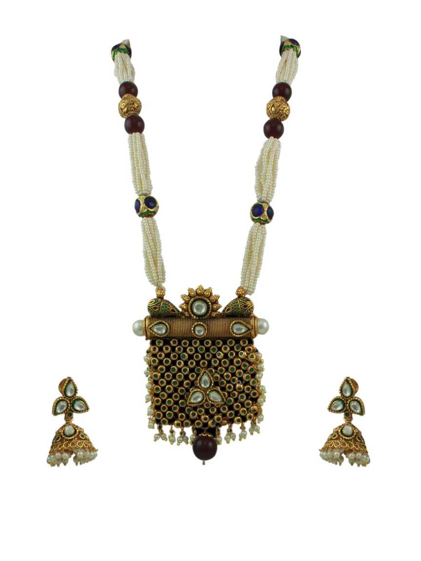 LONG NECKLACE SET WITH PENDANT in JADAU KUNDAN Style | Design - 10675