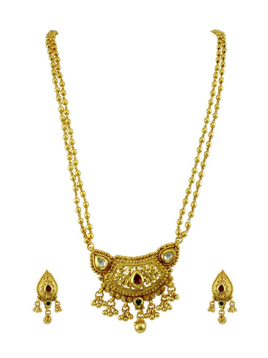 LONG NECKLACE SET WITH PENDANT in JADAU KUNDAN Style | Design - 11246