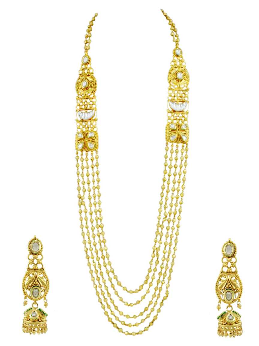 LONG NECKLACE SET WITH PENDANT in JADAU KUNDAN Style | Design - 11251