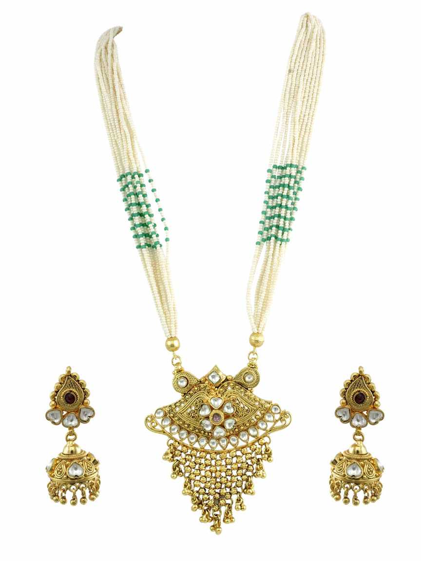 LONG NECKLACE SET WITH PENDANT in JADAU KUNDAN Style | Design - 13553