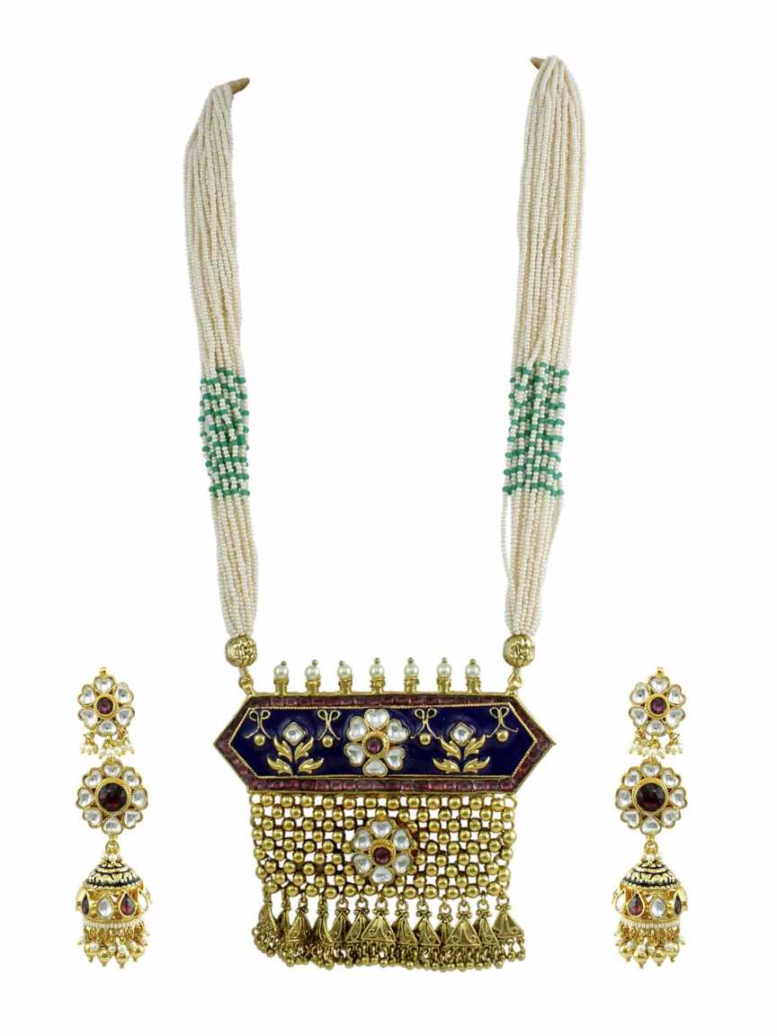 LONG NECKLACE SET WITH PENDANT in JADAU KUNDAN Style | Design - 13554