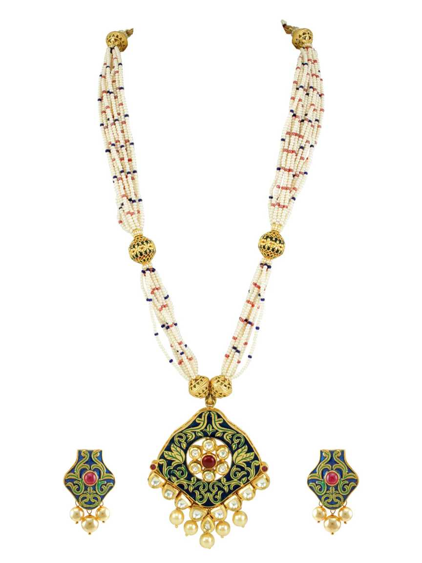 LONG NECKLACE SET WITH PENDANT in JADAU KUNDAN Style | Design - 15024