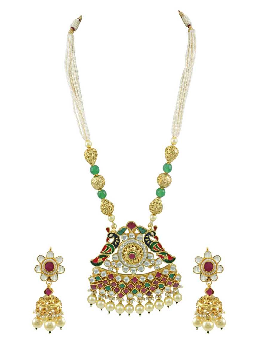 LONG NECKLACE SET WITH PENDANT in JADAU KUNDAN Style | Design - 15257