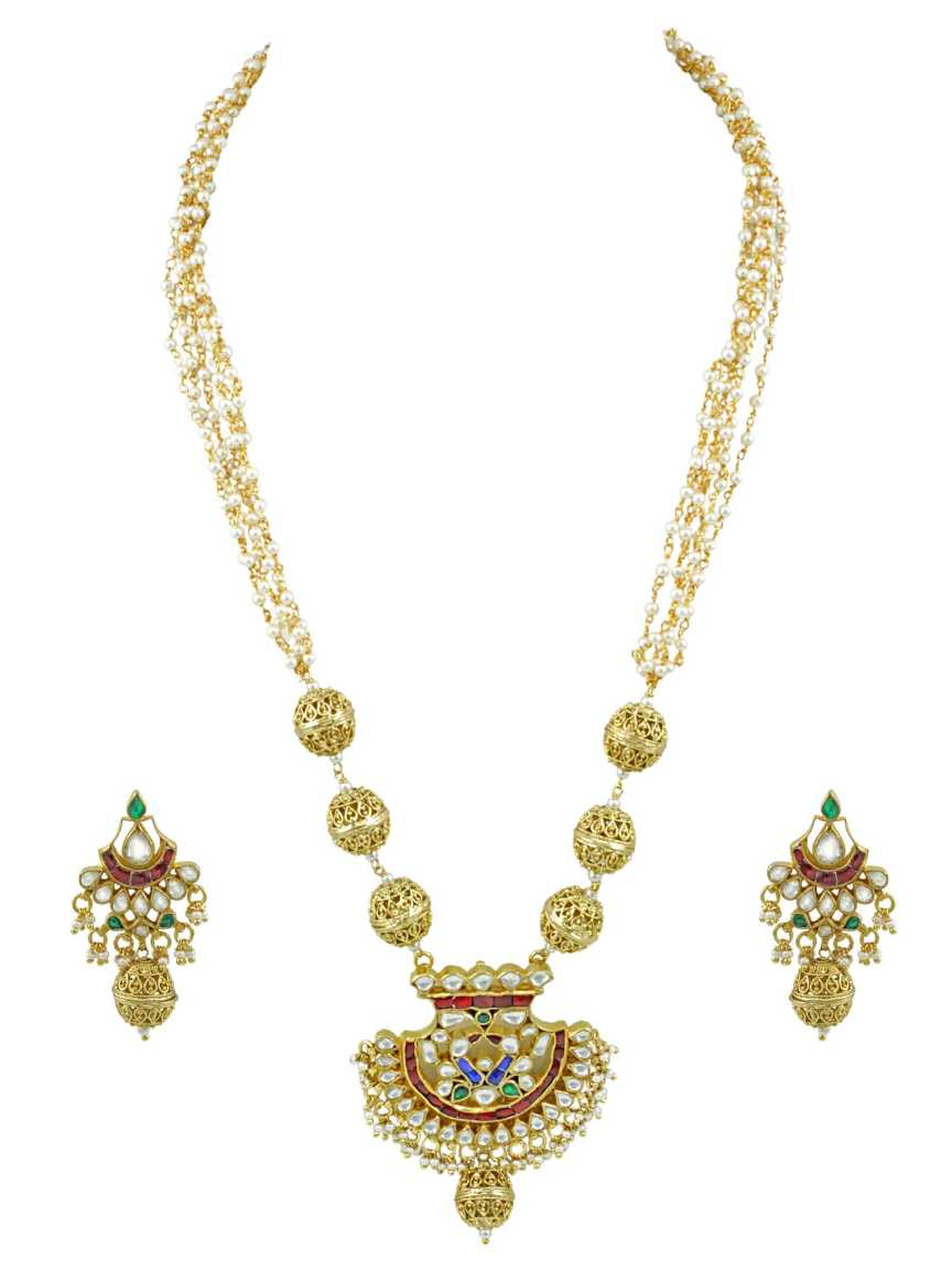 LONG NECKLACE SET WITH PENDANT in JADAU KUNDAN Style | Design - 15321