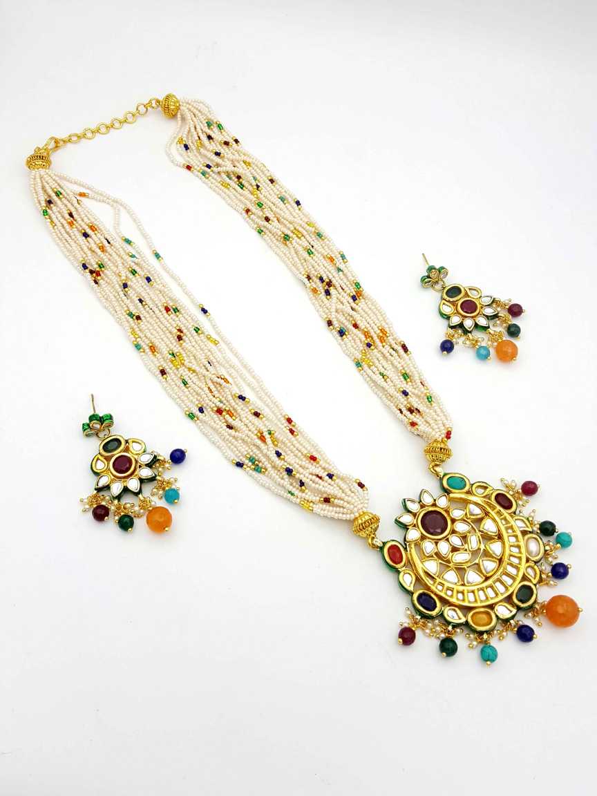 LONG NECKLACE SET WITH PENDANT in JADAU KUNDAN Style | Design - 17967