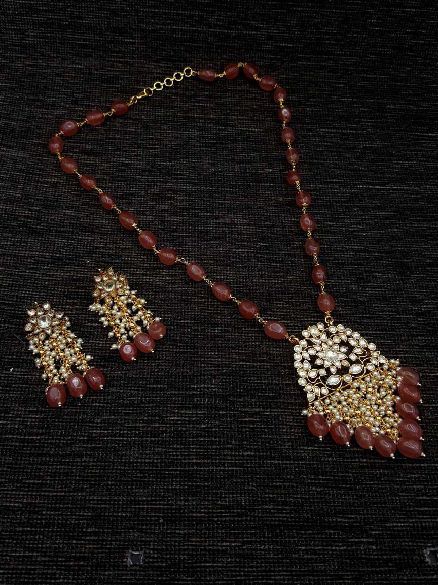 LONG NECKLACE SET WITH PENDANT IN JADAU KUNDAN STYLE | DESIGN - 20122