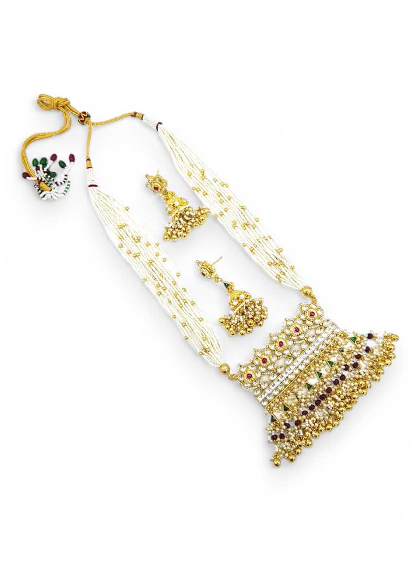 LONG NECKLACE SET WITH PENDANT in JADAU KUNDAN Style | Design - 21299