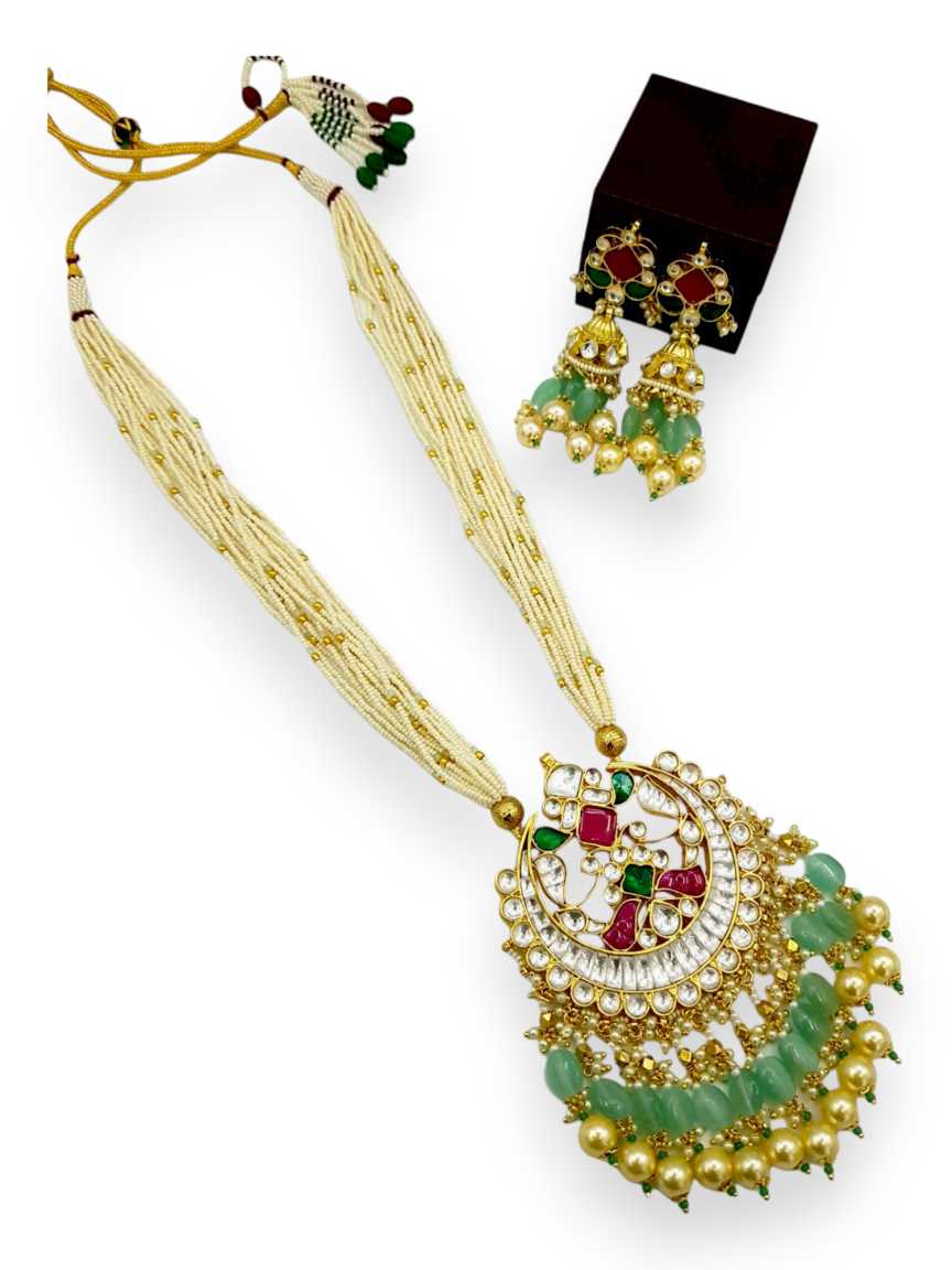LONG NECKLACE SET WITH PENDANT in JADAU KUNDAN Style | Design - 21338