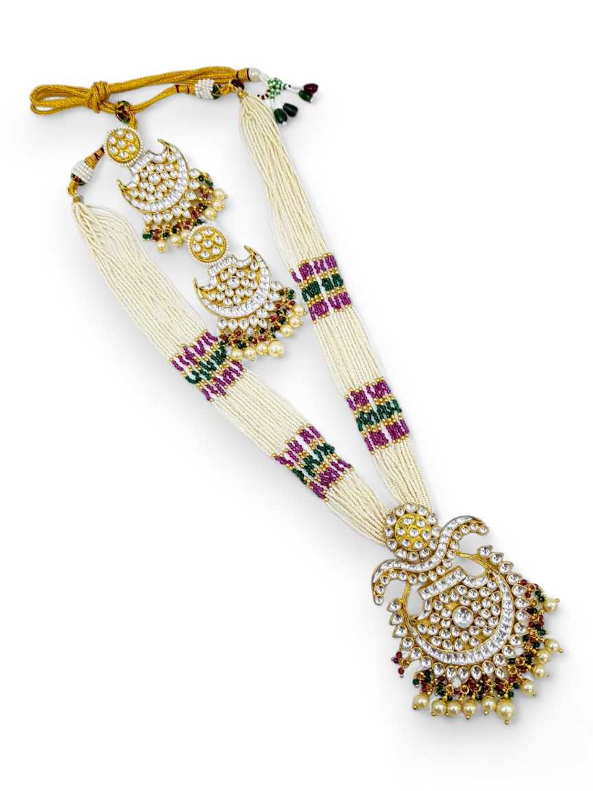 LONG NECKLACE SET WITH PENDANT in JADAU KUNDAN Style | Design - 21440