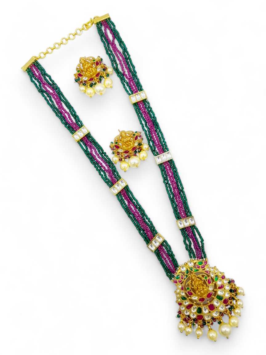 LONG NECKLACE SET WITH PENDANT in JADAU KUNDAN Style | Design - 21673