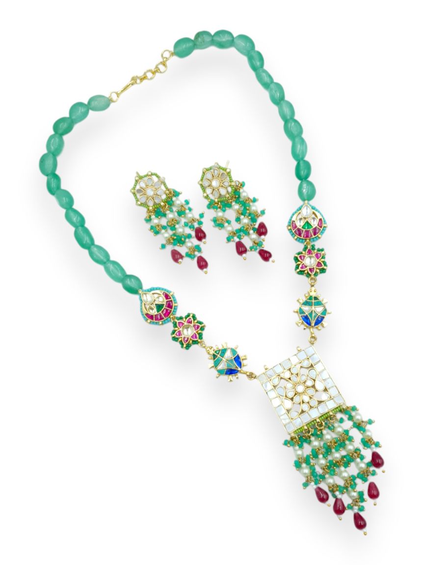 LONG NECKLACE SET WITH PENDANT IN JADAU KUNDAN STYLE | DESIGN - 23544