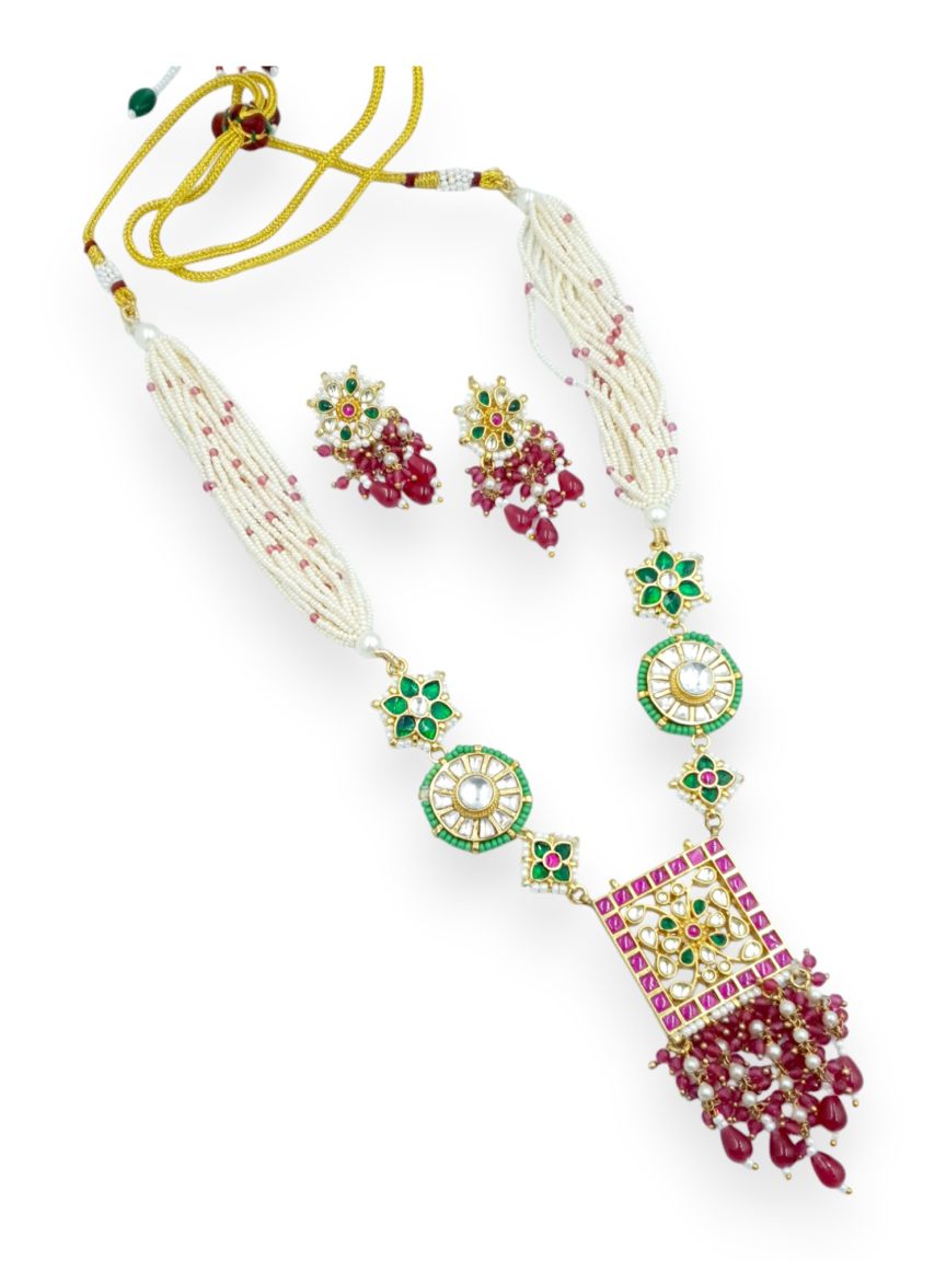 LONG NECKLACE SET WITH PENDANT IN JADAU KUNDAN STYLE | DESIGN - 23547