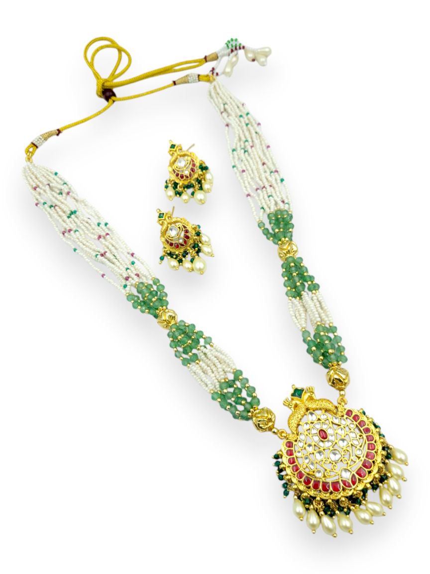 LONG NECKLACE SET WITH PENDANT IN JADAU KUNDAN STYLE | DESIGN - 23895