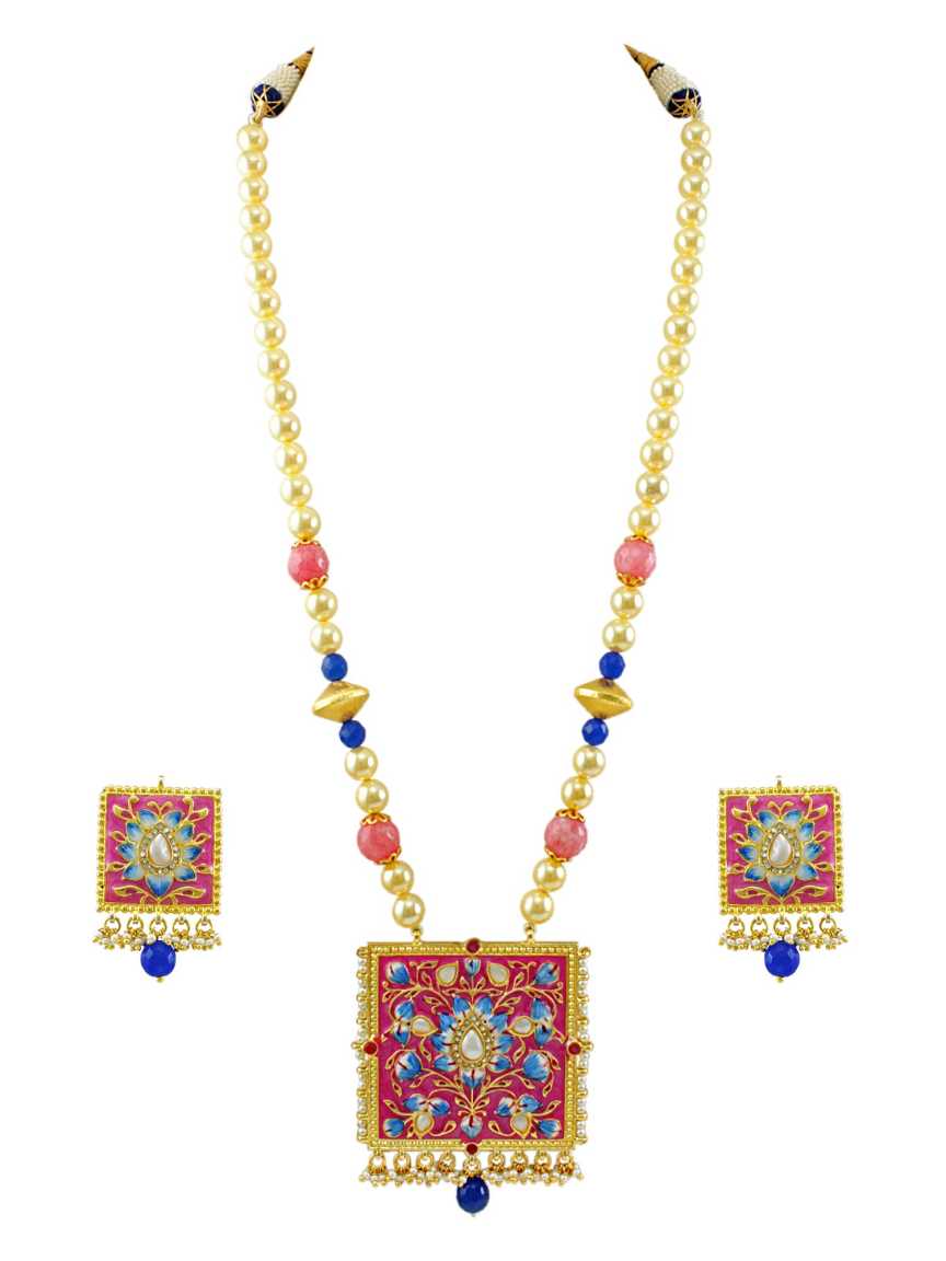 LONG NECKLACE SET WITH PENDANT in MEENAKARI Style | Design - 15162