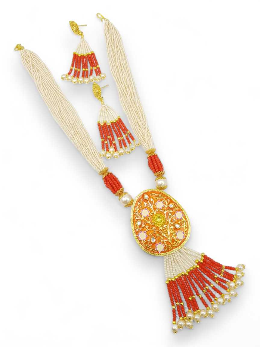 LONG NECKLACE SET WITH PENDANT IN MEENAKARI STYLE | DESIGN - 17963