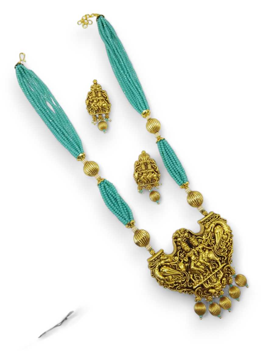 LONG NECKLACE SET WITH PENDANT IN TEMPLE STYLE | DESIGN - 17266